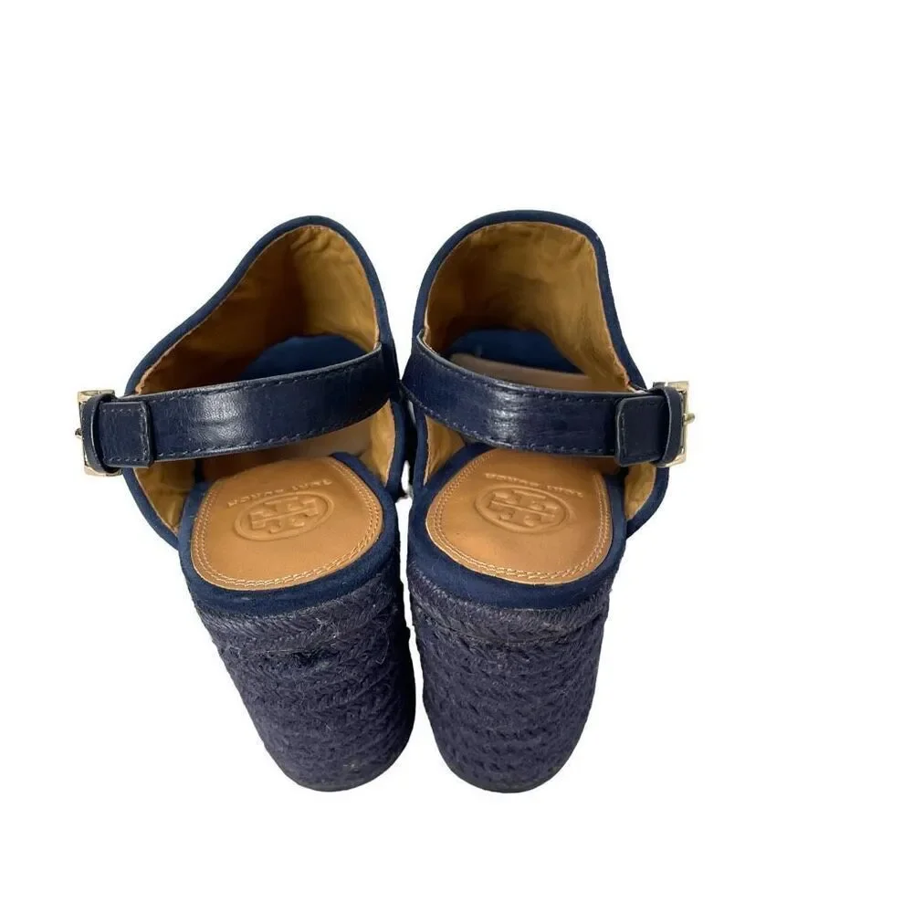 Tory Burch Trinity suede embroidered block heel‎ sandals heels Size 8.5 blue